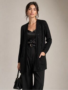 J. Jill Black Open Front Cardigan Size M Speckled Knit Lightweight Sweater